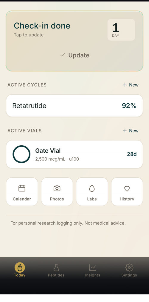 Metis peptide protocol tracker showing active cycles and vials